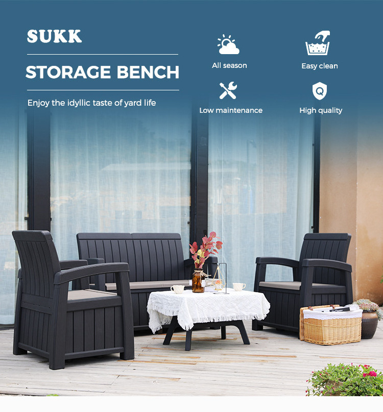 Outdoor Furniture Backyard Garden Patio Weather-Proof Armchair Plastic 3 Seater Waiting Sofa Bench with Storage Box