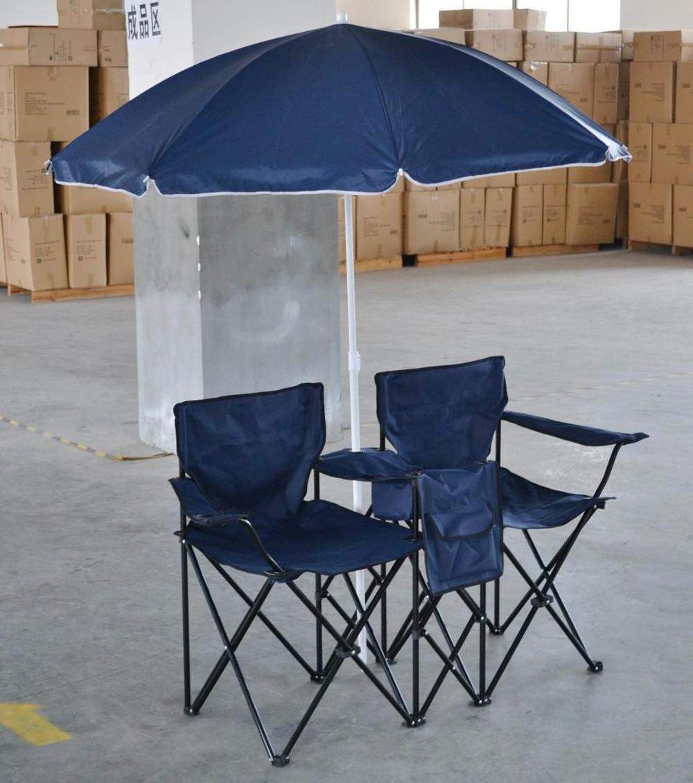 Lightweight wholesale factory customizable logo portable folding double personal camping beach picnic metal chair with umbrella