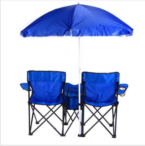 Blue fabric Folding double two seats camping beach chair with umbrella