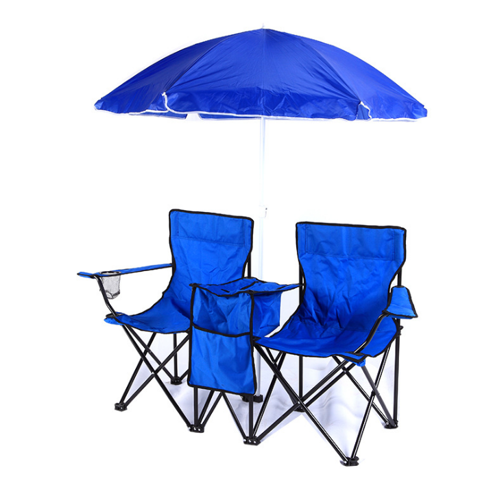 Blue fabric Folding double two seats camping beach chair with umbrella