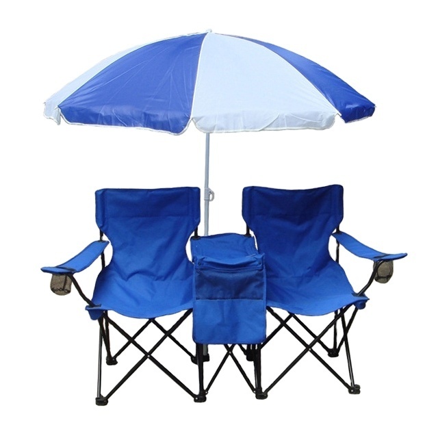 Blue fabric Folding double two seats camping beach chair with umbrella