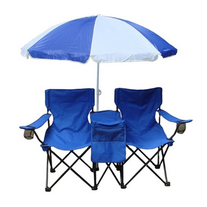 Blue fabric Folding double two seats camping beach chair with umbrella