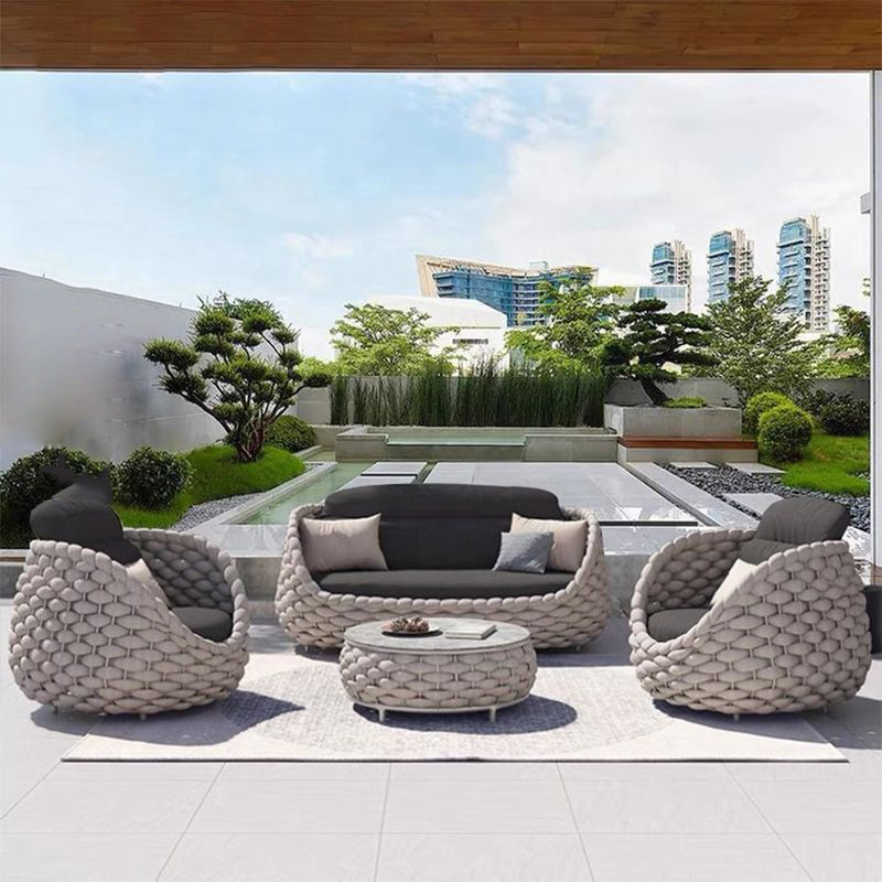 Outdoor Garden Nordic Designed Rattan Wicker Corner Patio Garden Sofa, Outdoor Contemporary Minimalist Furniture Sofa Set