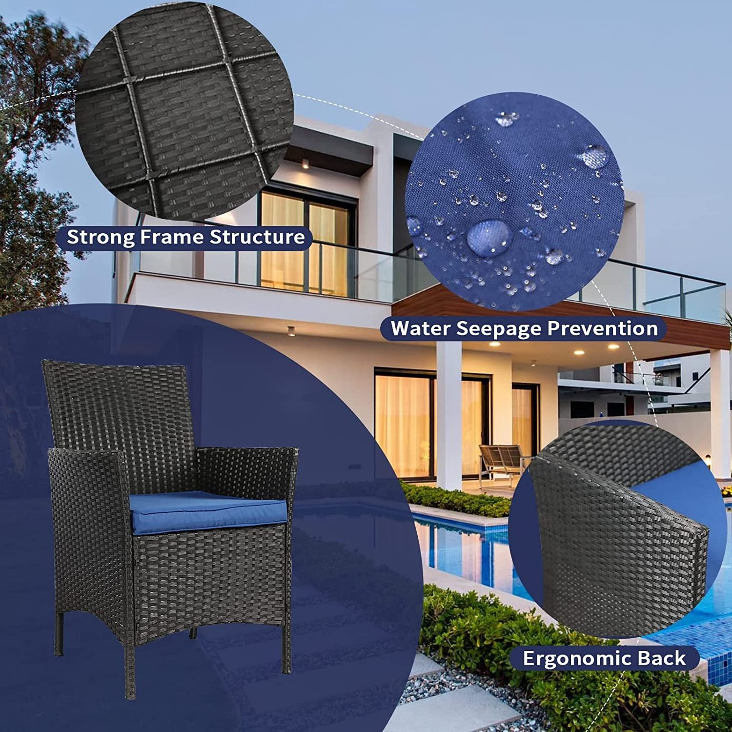 Wholesale All Weather Outdoor PE Rattan 3 Piece Rustic Set, Wicker Patio Front Porch Furniture Set for Balcony, Garden, Patio