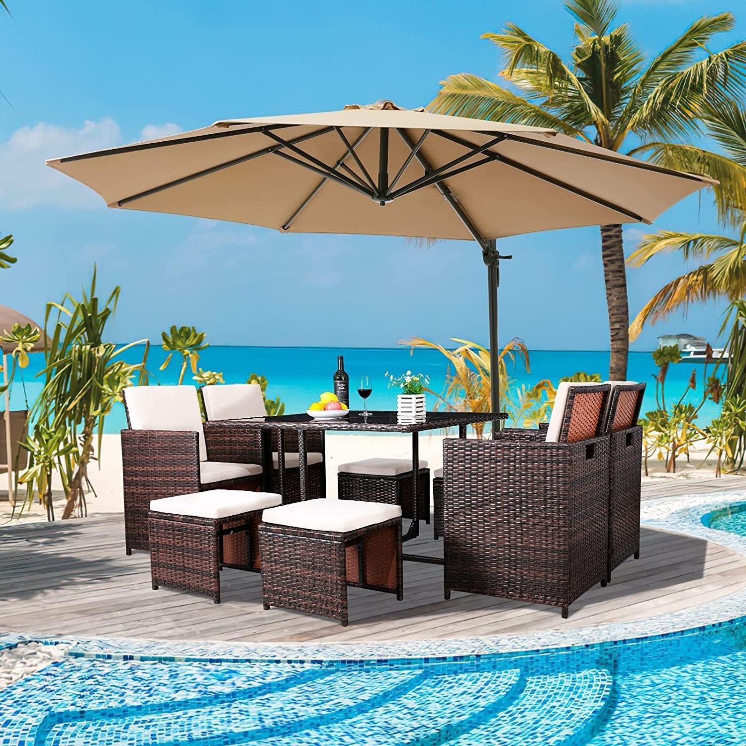 Garden Furniture 9 Piece Rattan Brown Outdoor Patio Coffee Sofa Set with Cushion