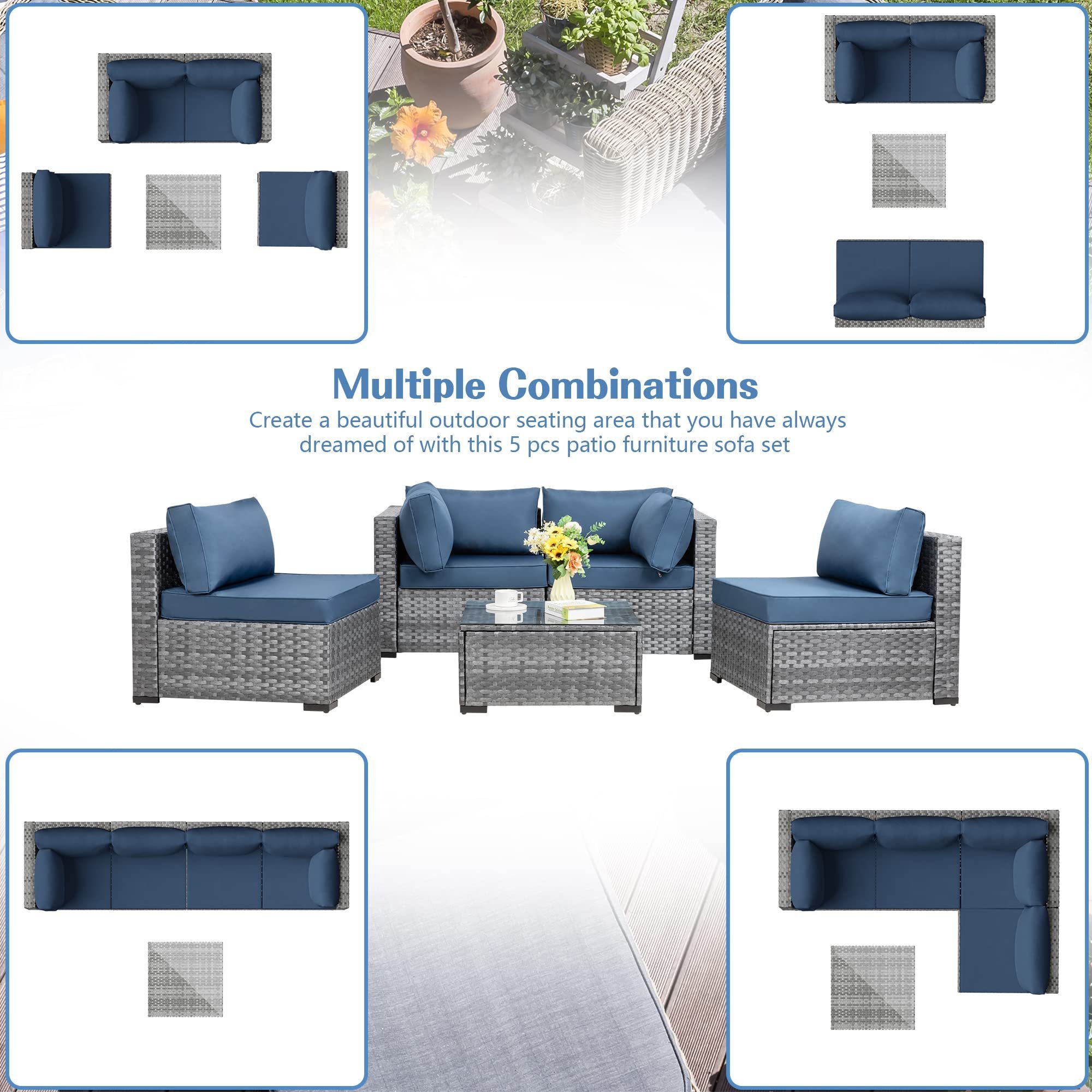 5 Piece Outdoor Patio Sofa Set, Silver Grey PE Wicker Furniture Conversation Set with Washable Cushions and Glass Coffee Table