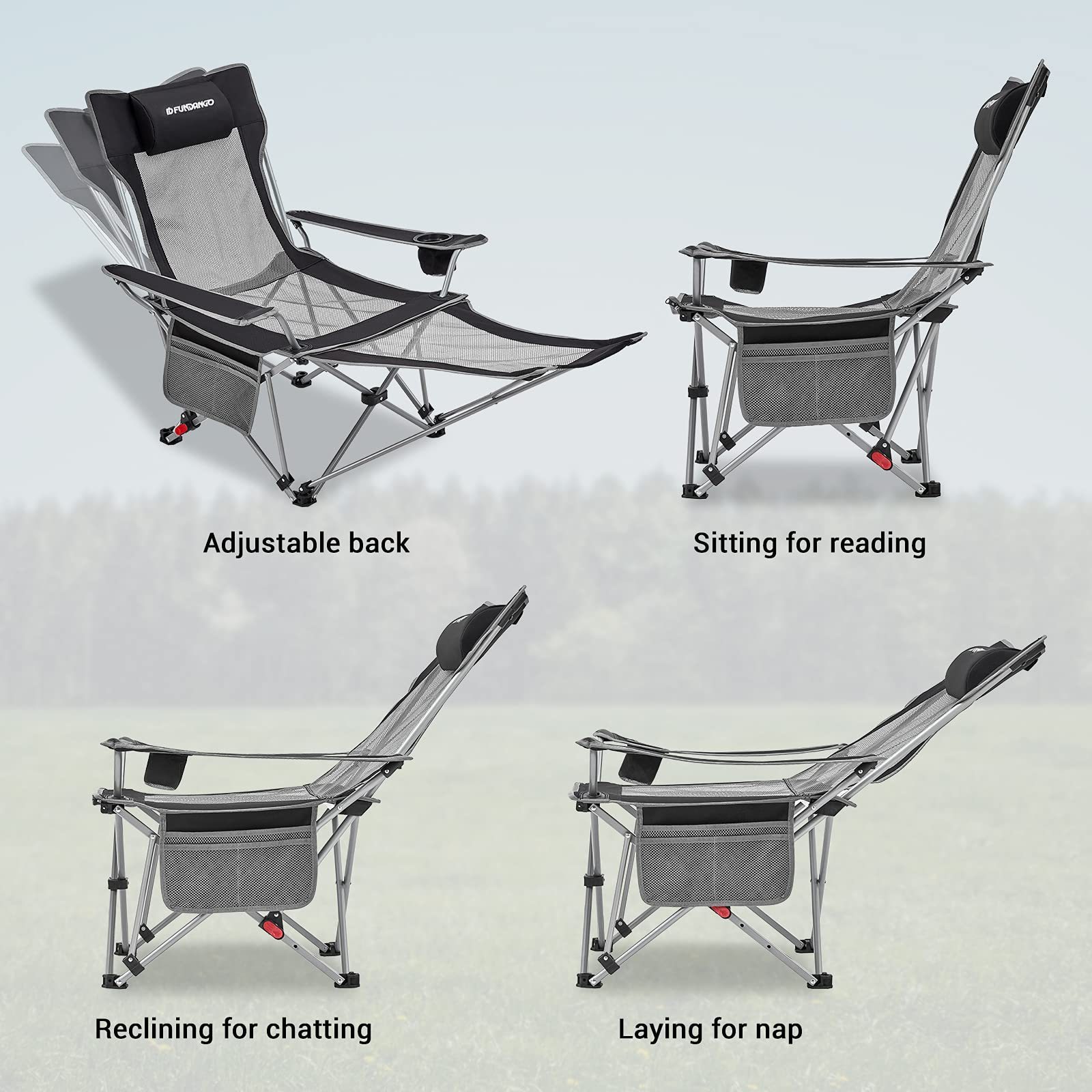 Custom outdoor camping green fabric folding reclining easy carry footrest chair with umbrella