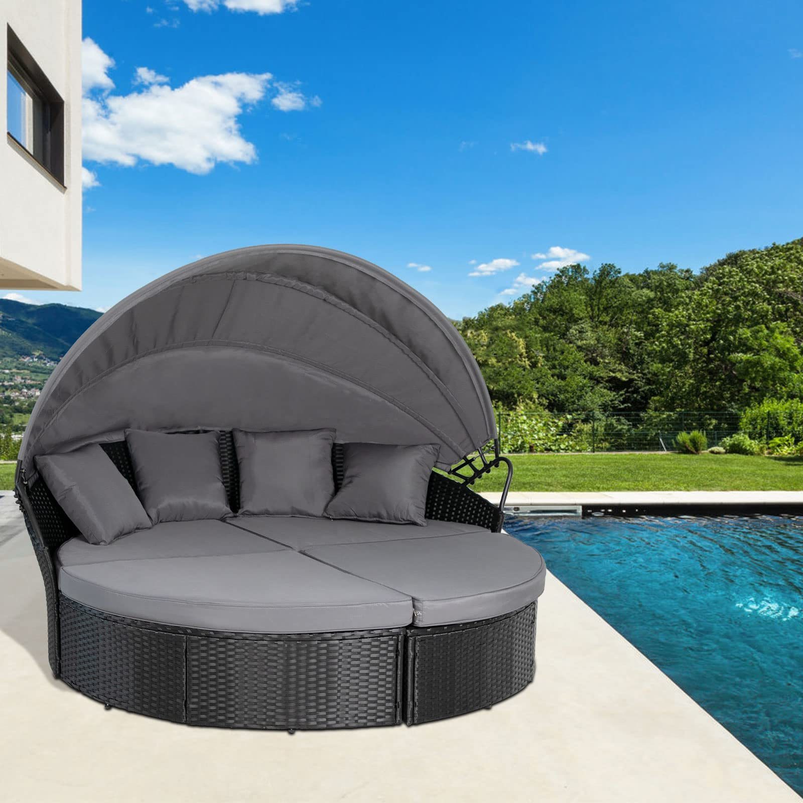 2023 Nordic Style Luxury Outdoor Patio Round Rattan Sunbed 4-Piece Furniture Set, Outside Garden Sofa Set for Backyard Poolside