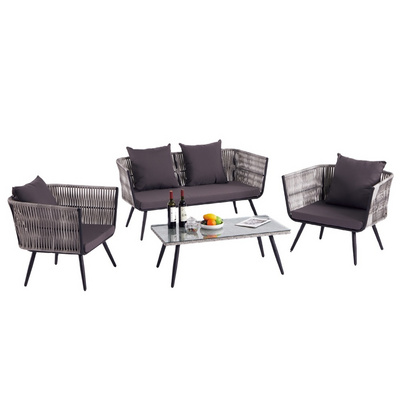 Grey Metal Steel Modern Backyard Garden Sofa Set Rattan Patio Furniture Wicker Outdoor Furniture