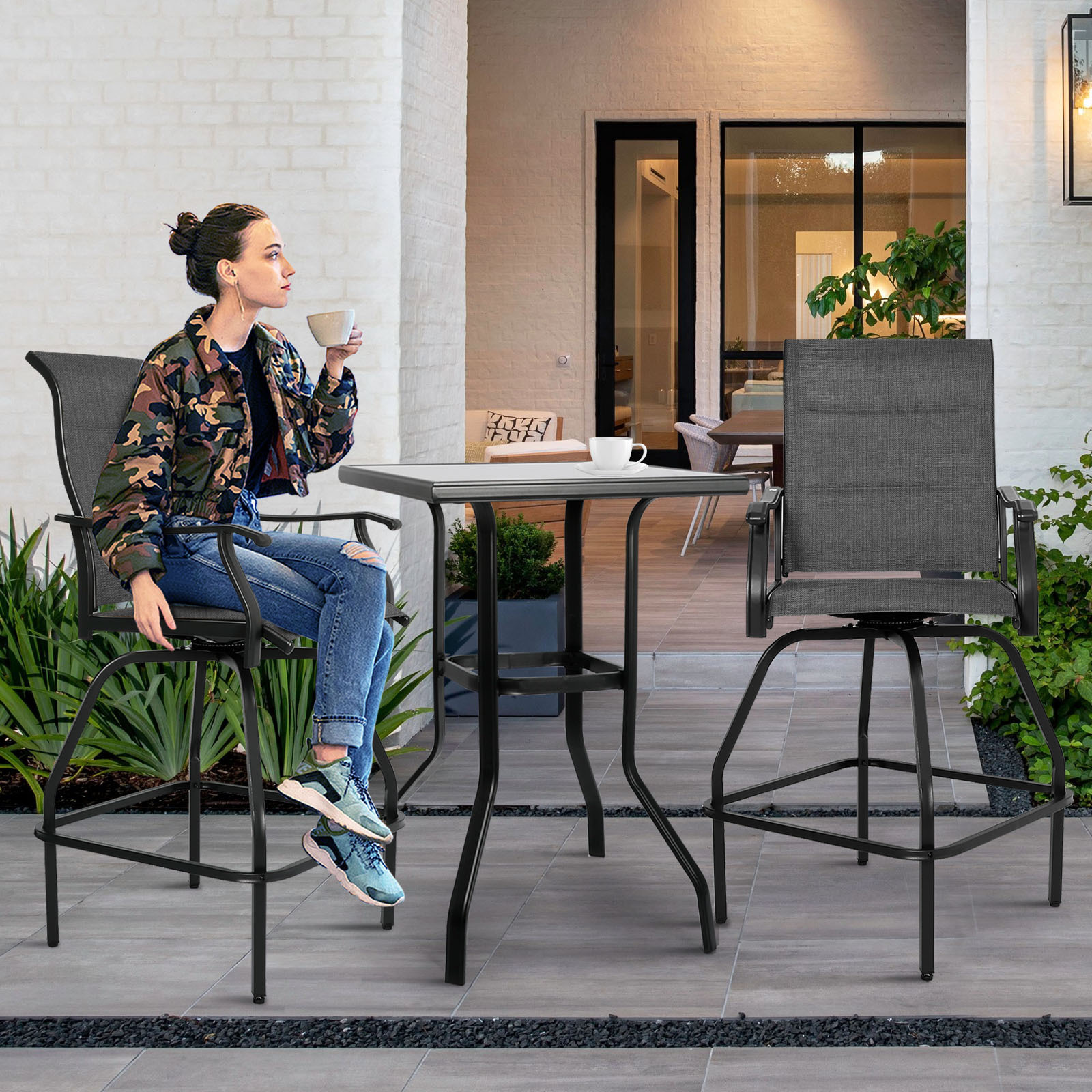 5 Piece Patio Outdoor Furniture Swivel Bar Stools Set Bistro Dining Chair with Table