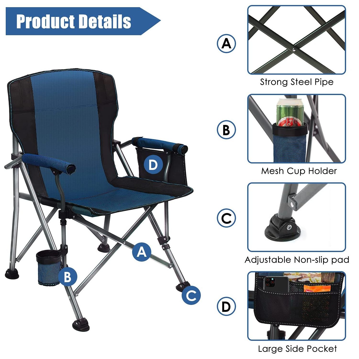 Heavy Duty Single People Outdoor Folding Aluminum Tube Camping Chairs with Cup Holder and Storage Bag