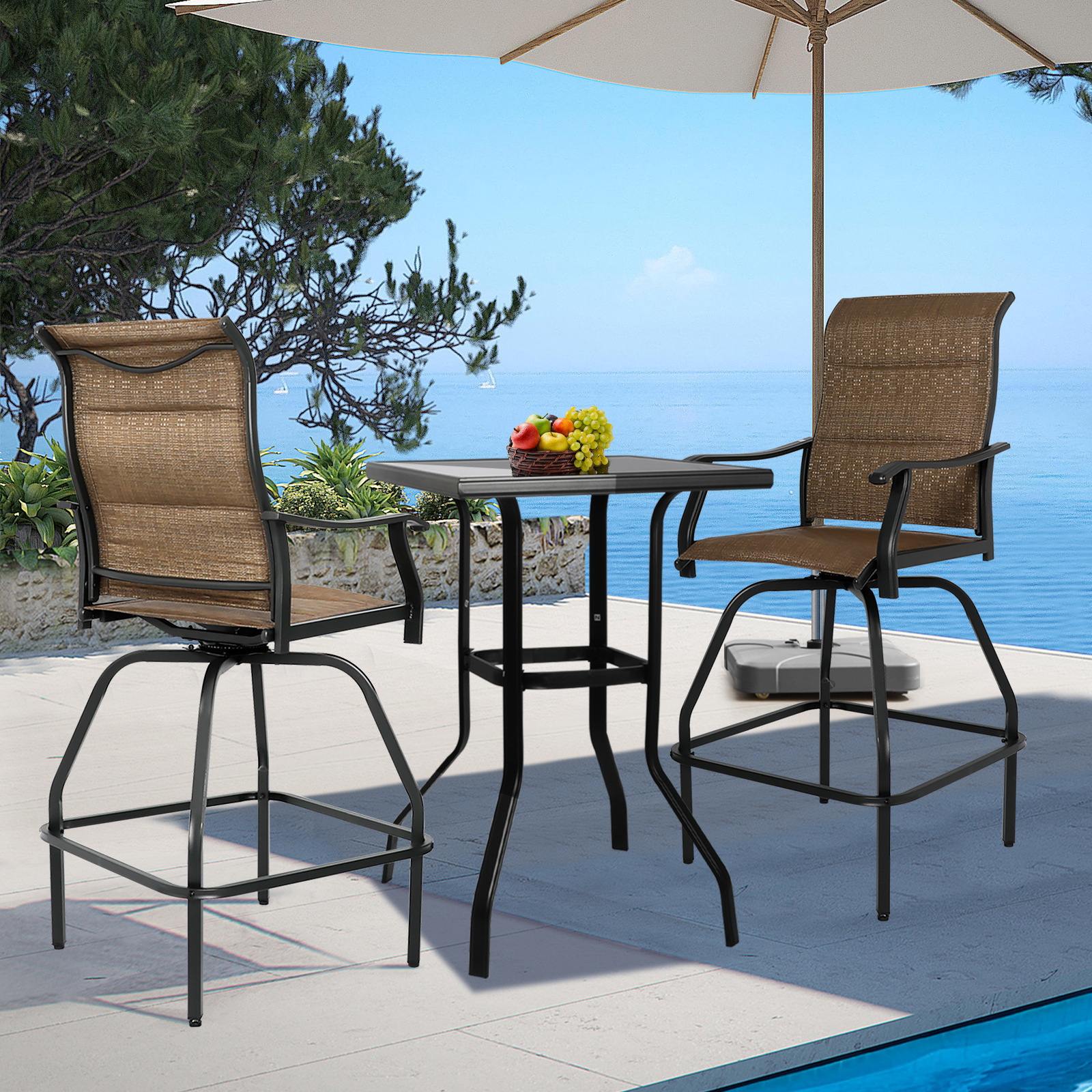 Patio Garden 3 PCS Set Outdoor Furniture and Indoor Swivel Bar Chair Modern Metal Bar Stools