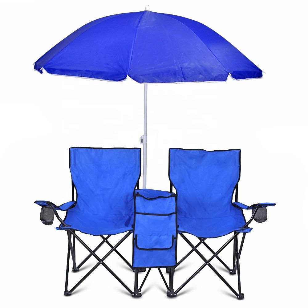 High quality Portable Double Seat Reclining Folding Beach Camp Chairs With Umbrella