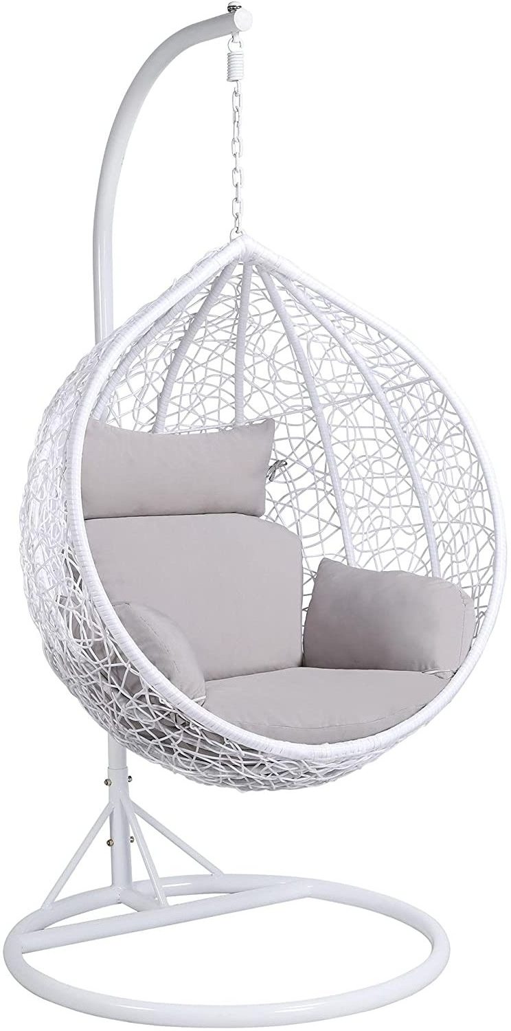 Outdoor Hanging Egg Chair Garden Patio Indoor Outdoor Hanging Rattan Swing Chair Single Seat with Stand Cushion White Frame