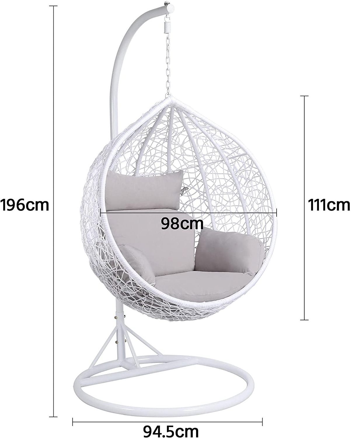 Outdoor Hanging Egg Chair Garden Patio Indoor Outdoor Hanging Rattan Swing Chair Single Seat with Stand Cushion White Frame