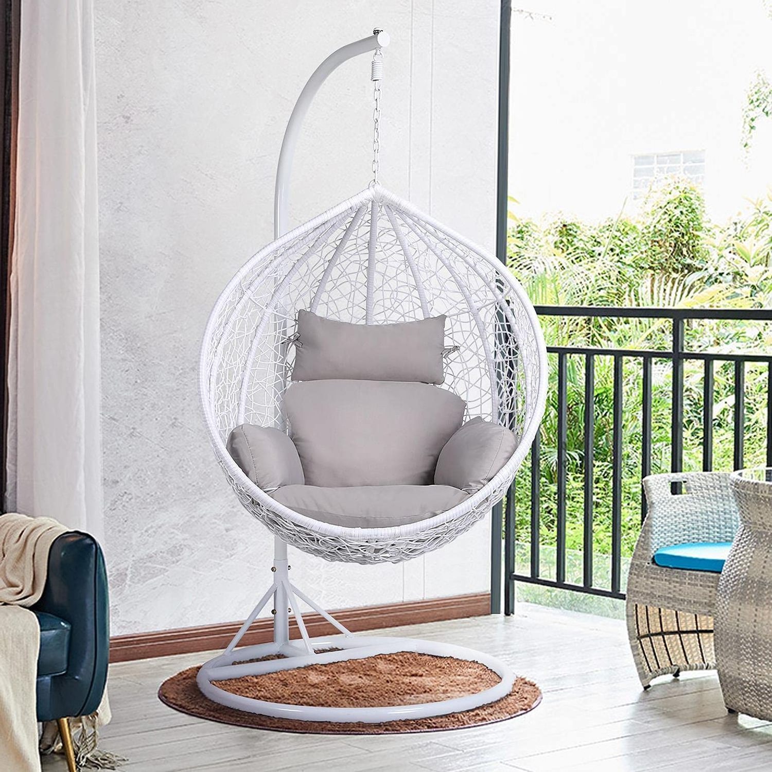 Outdoor Hanging Egg Chair Garden Patio Indoor Outdoor Hanging Rattan Swing Chair Single Seat with Stand Cushion White Frame