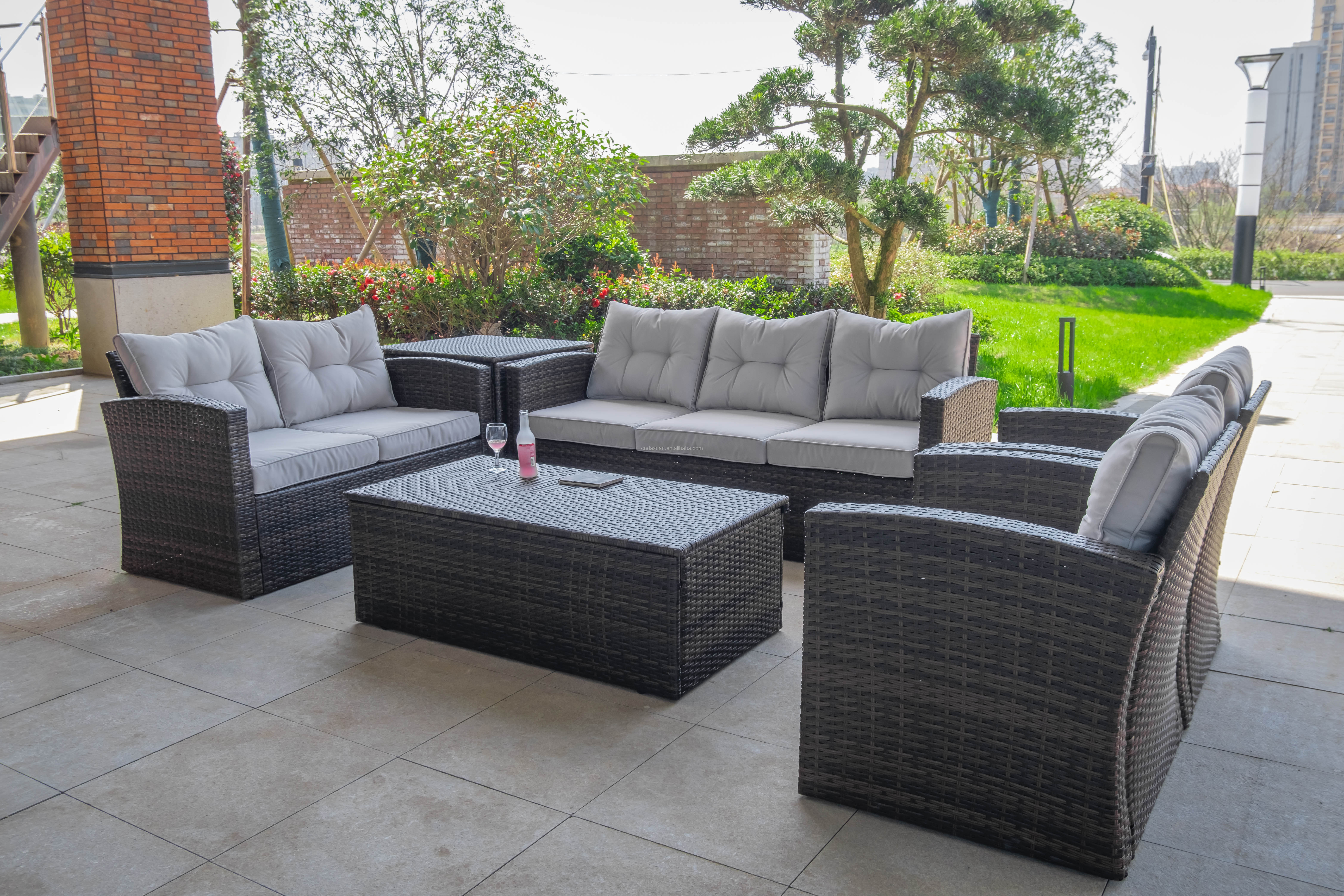 Outdoor Furniture Sets PE Rattan Low Back All-Weather Washable Cushions with Coffee Table Rattan Sectional Sofa