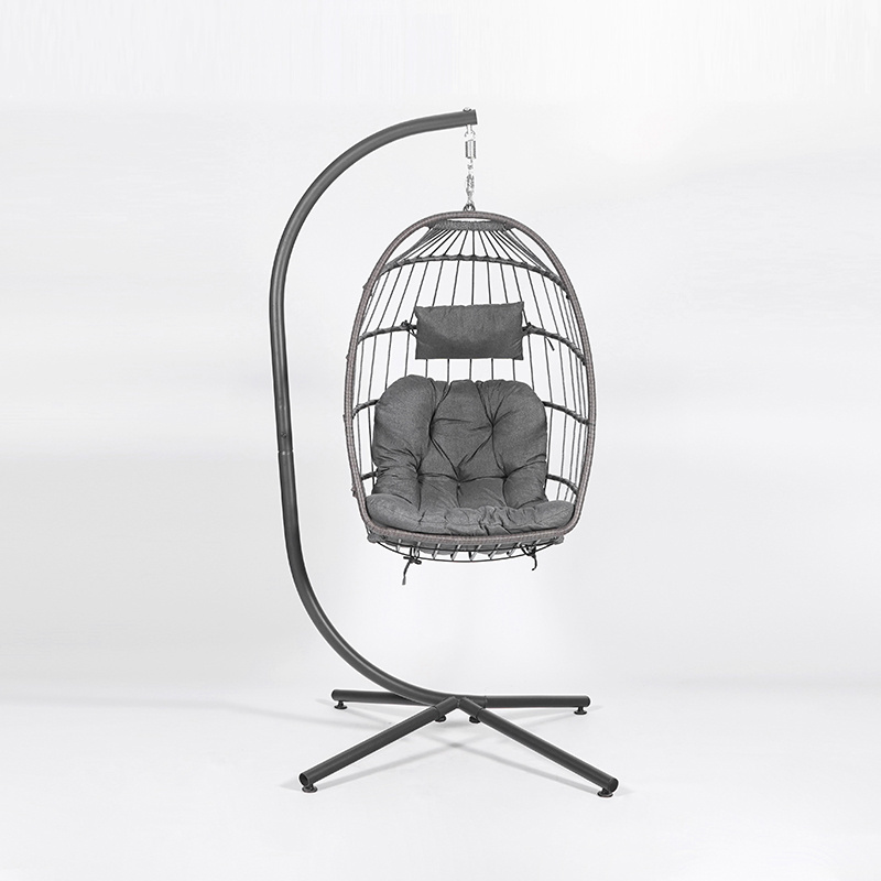 Oeytree Foldable Rattan Hanging Chair with Cushion Metal Swing Chair for Outdoor Leisure