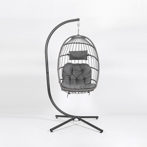 Oeytree Foldable Rattan Hanging Chair with Cushion Metal Swing Chair for Outdoor Leisure