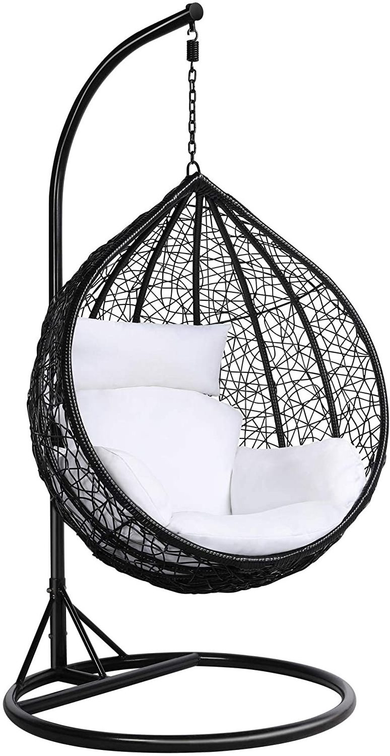 Rattan Egg Chair Hanging Garden Patio Indoor Outdoor Patio Hanging Rattan Swing Egg Chair with Stand Cushion Black Frame