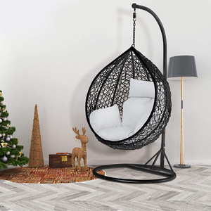 Rattan Egg Chair Hanging Garden Patio Indoor Outdoor Patio Hanging Rattan Swing Egg Chair with Stand Cushion Black Frame