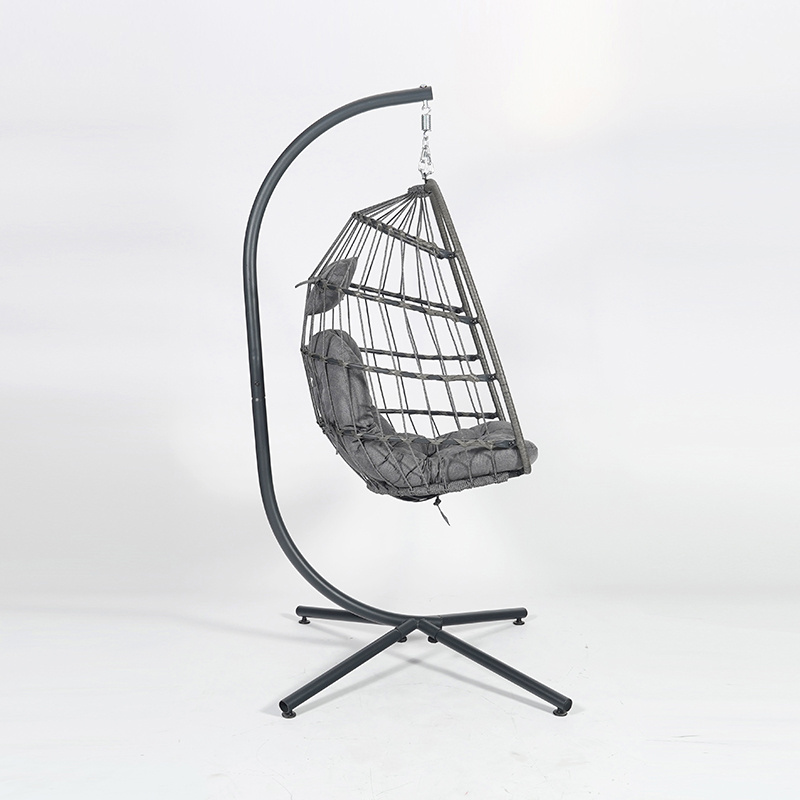 Oeytree Foldable Rattan Hanging Chair with Cushion Metal Swing Chair for Outdoor Leisure