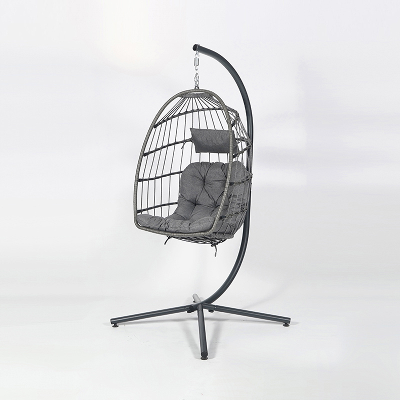 Oeytree Foldable Rattan Hanging Chair with Cushion Metal Swing Chair for Outdoor Leisure