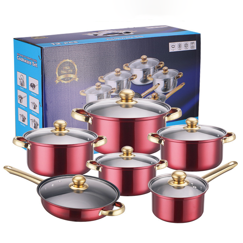 12pcs Kitchen Utensils Cookware Set Non-Stick Soup Pots and Pans with transparent Glass Lid