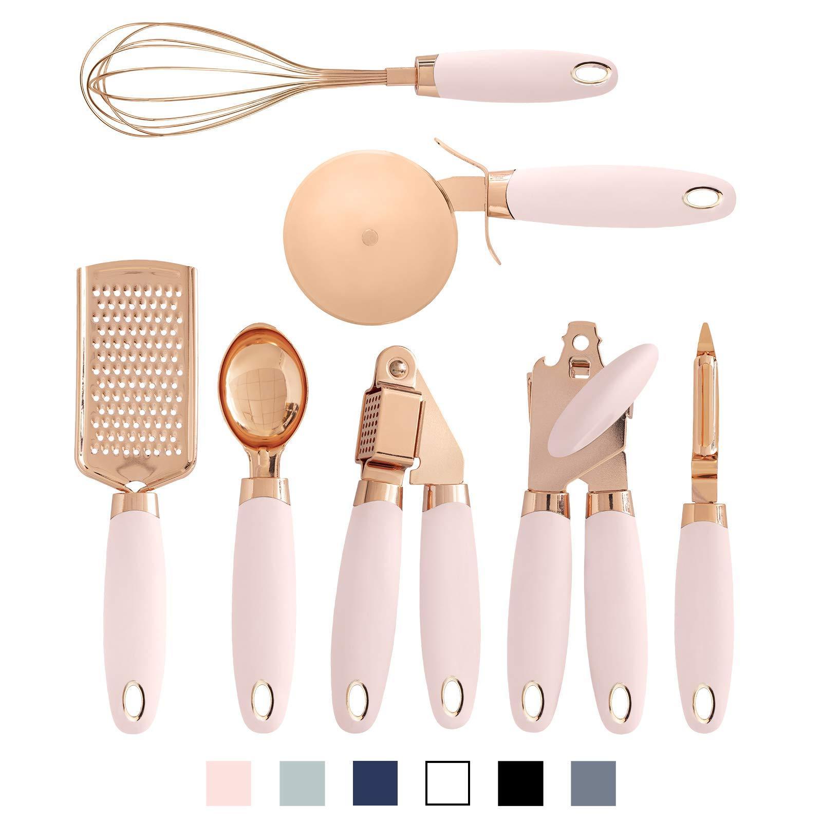 7 Pc Kitchen Gadget Set Copper Coated Stainless Steel Utensils with Soft Touch Pink Handles