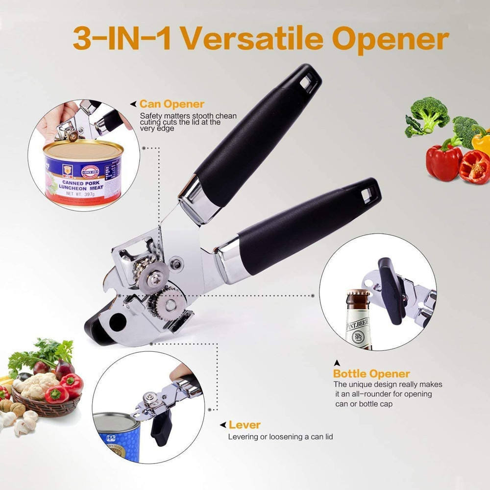 3-in-1 Stainless Steel Manual Openers with Non-Slip Handle for Wine Bottles and Kitchen Use Custom Logo Available