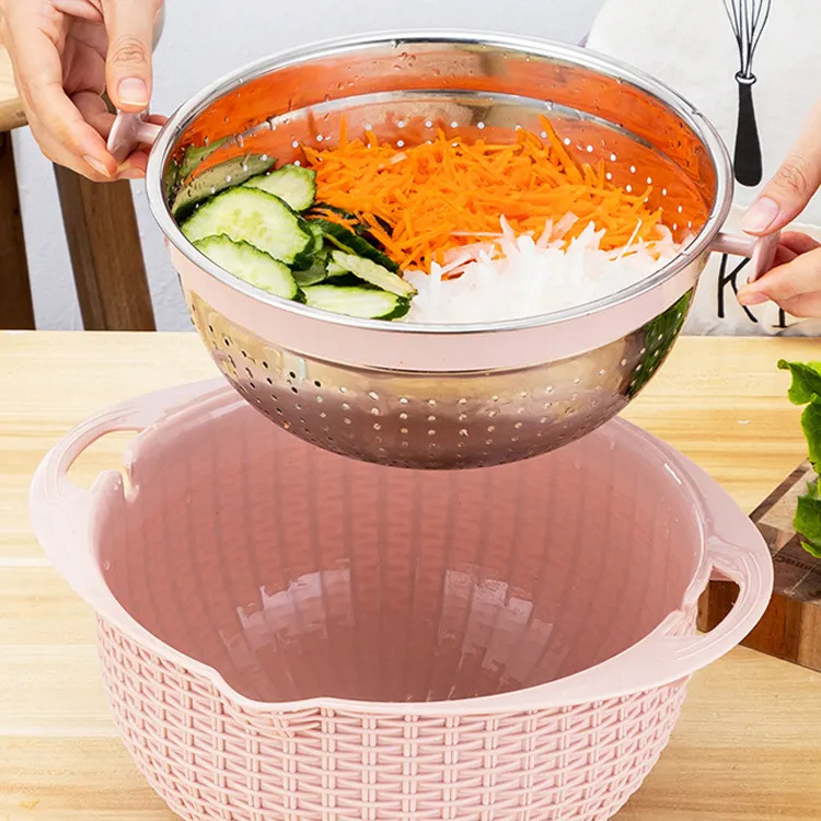 Multi-Purpose Stainless Steel Rice Washing Bowl round Colander Strainer with Drain Basket for Home Kitchen Use