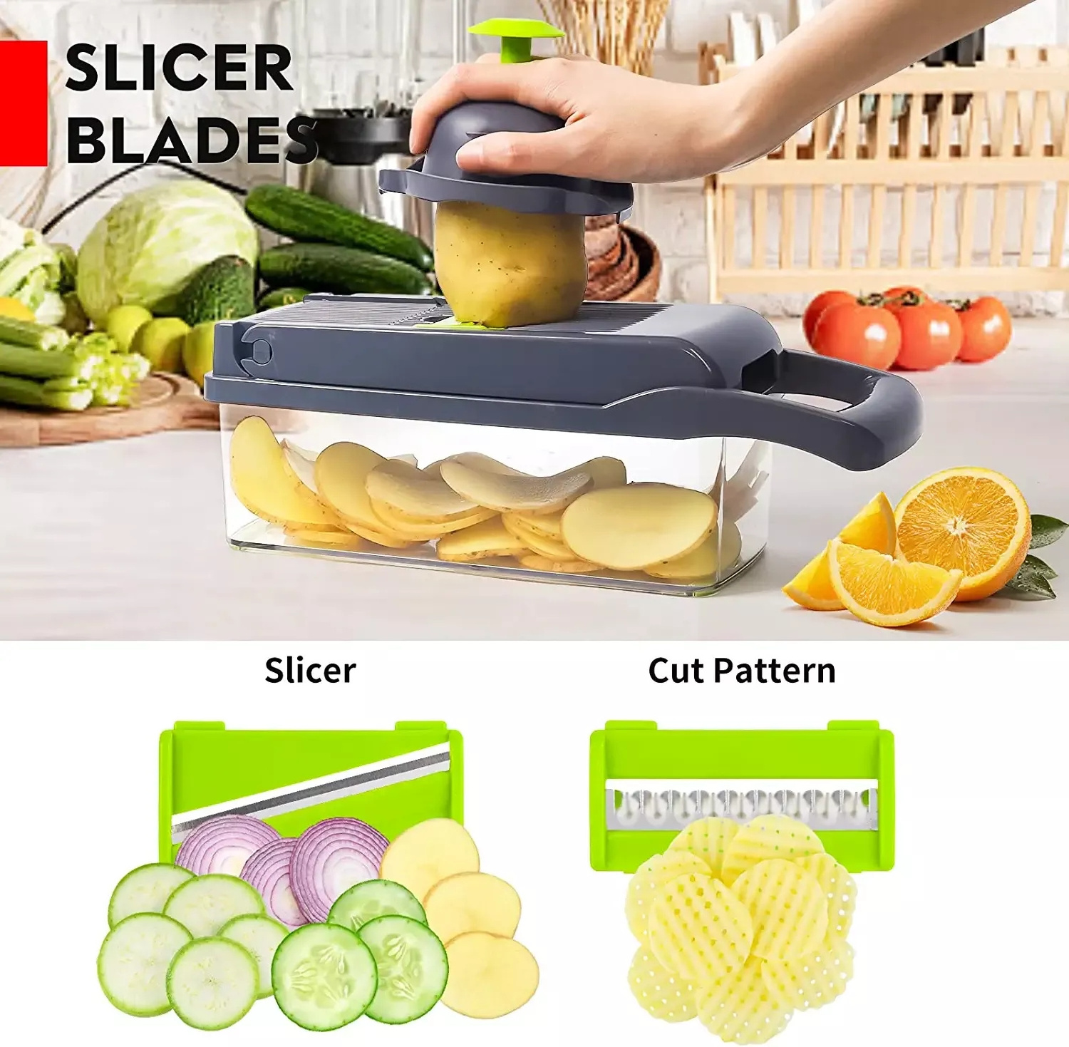 New Arrival 15-in-1 Multifunctional Handheld Kitchen Chopper Steel PC Vegetable Fruit Cutter Onion Potato Peeler Slicing Fruits