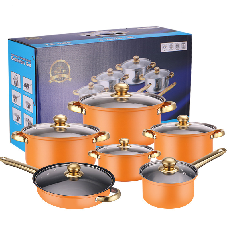 12pcs Kitchen Utensils Cookware Set Non-Stick Soup Pots and Pans with transparent Glass Lid