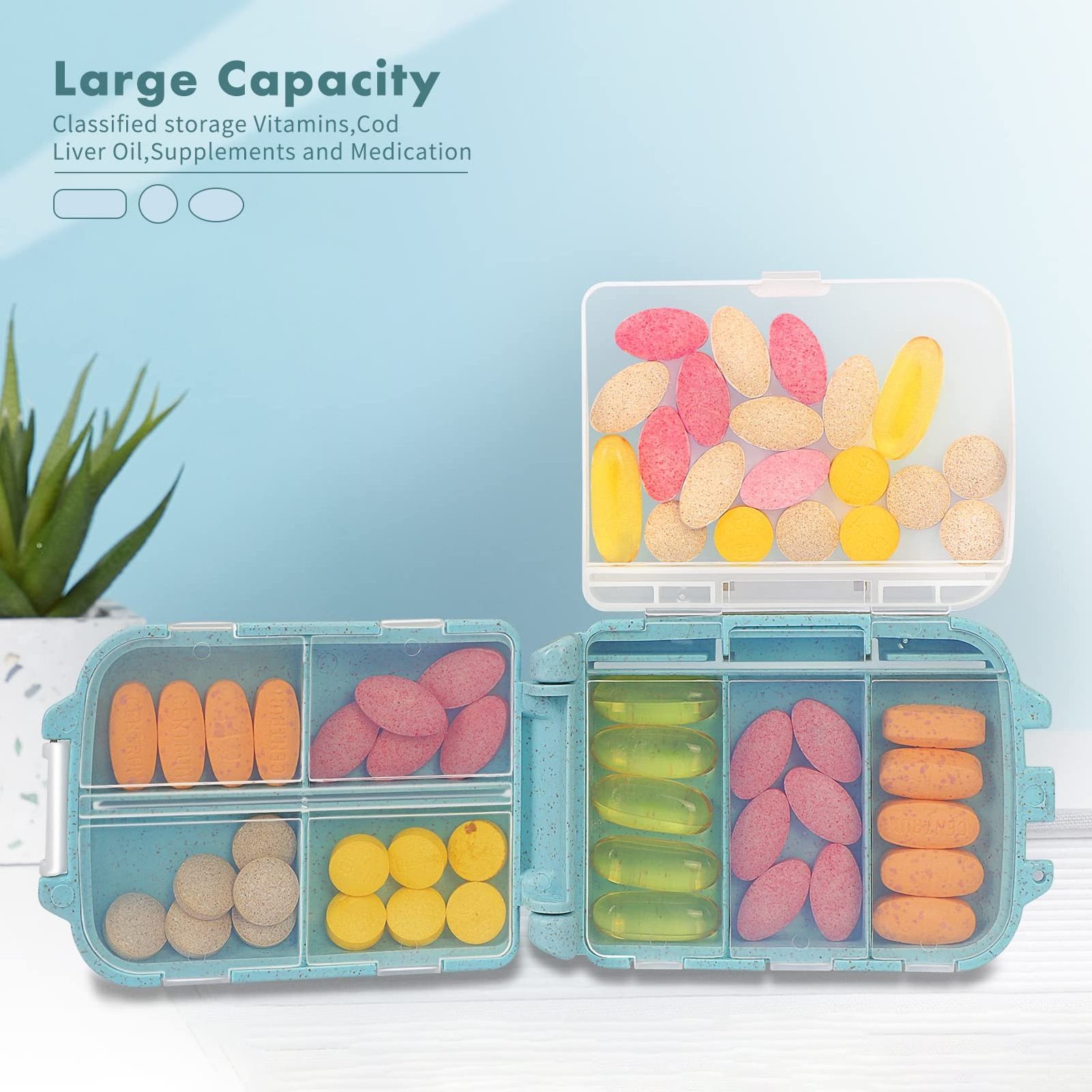 Folding Weekly Pill Organizer with 8 Compartments Portable Plastic Travel Pill Box for Medicine Pocket Purse Organizer