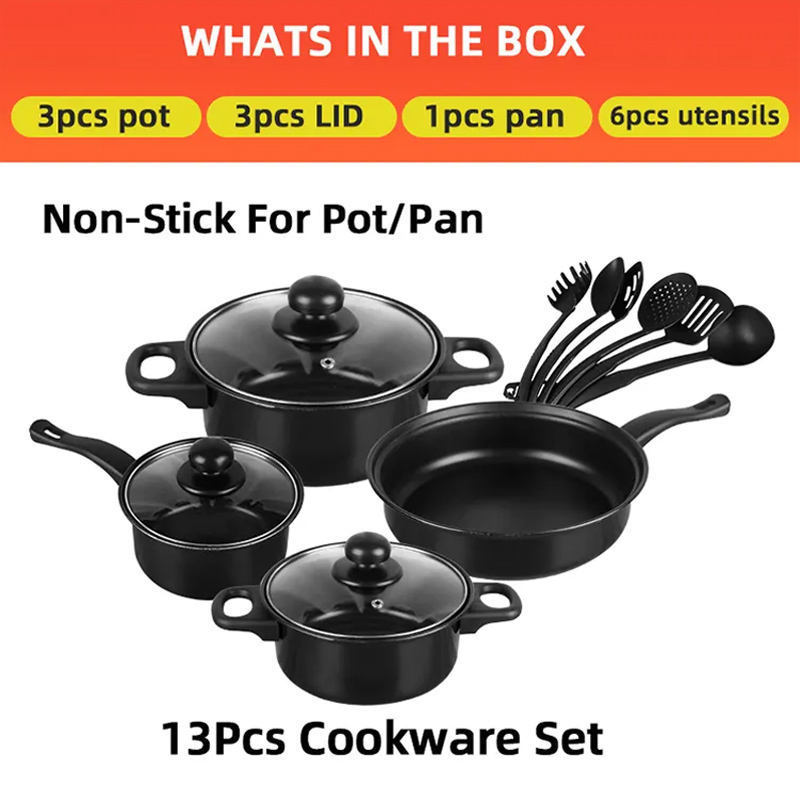 13 Pieces Metal Cast Iron Kitchen Cooking Pan Pot Set Non Stick Cookware Sets With Glass Lid Gift Box