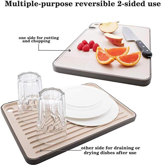 Eco-Friendly Reversible Rice Husk Fiber Cutting Board With Knife Sharpener and Garlic Mincer Anti-Bacterial Draining Board