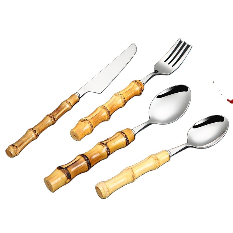 18/8 bamboo handle cutlery stainless steel sliverware Flatware Sets knife fork and dessert spoon for wedding restaurant hotel