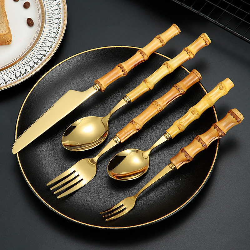 18/8 bamboo handle cutlery stainless steel sliverware Flatware Sets knife fork and dessert spoon for wedding restaurant hotel