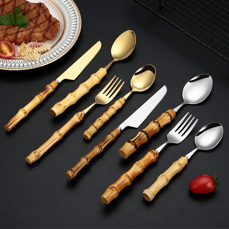 18/8 bamboo handle cutlery stainless steel sliverware Flatware Sets knife fork and dessert spoon for wedding restaurant hotel