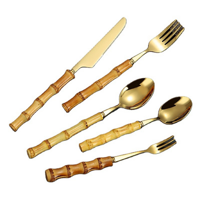 18/8 bamboo handle cutlery stainless steel sliverware Flatware Sets knife fork and dessert spoon for wedding restaurant hotel