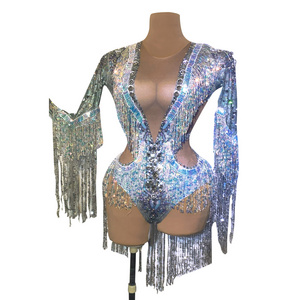 Silver Stretch Fringes Jumpsuit Womens Costumes Club Dancer Singer Leotard Rhinestone Sequin Tassel Party Bodysuit Stage Costume