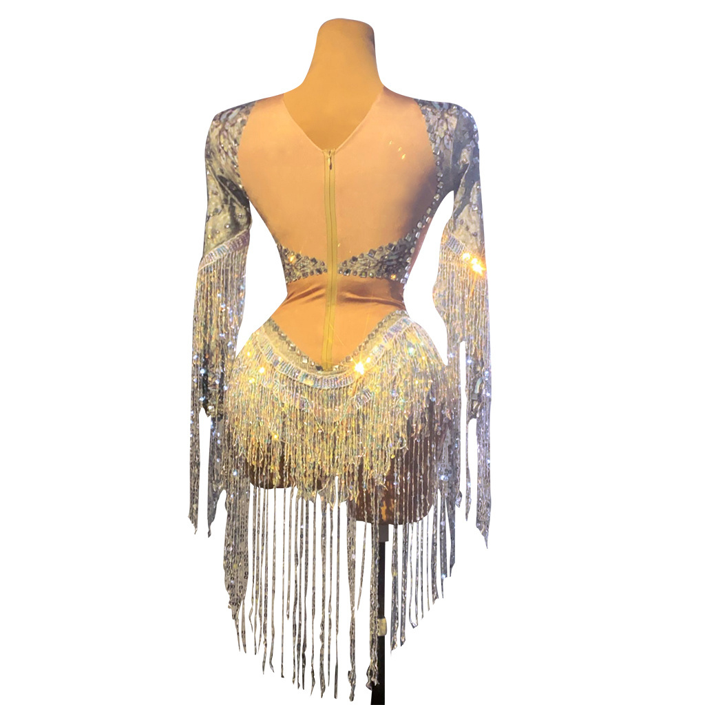 Silver Stretch Fringes Jumpsuit Womens Costumes Club Dancer Singer Leotard Rhinestone Sequin Tassel Party Bodysuit Stage Costume