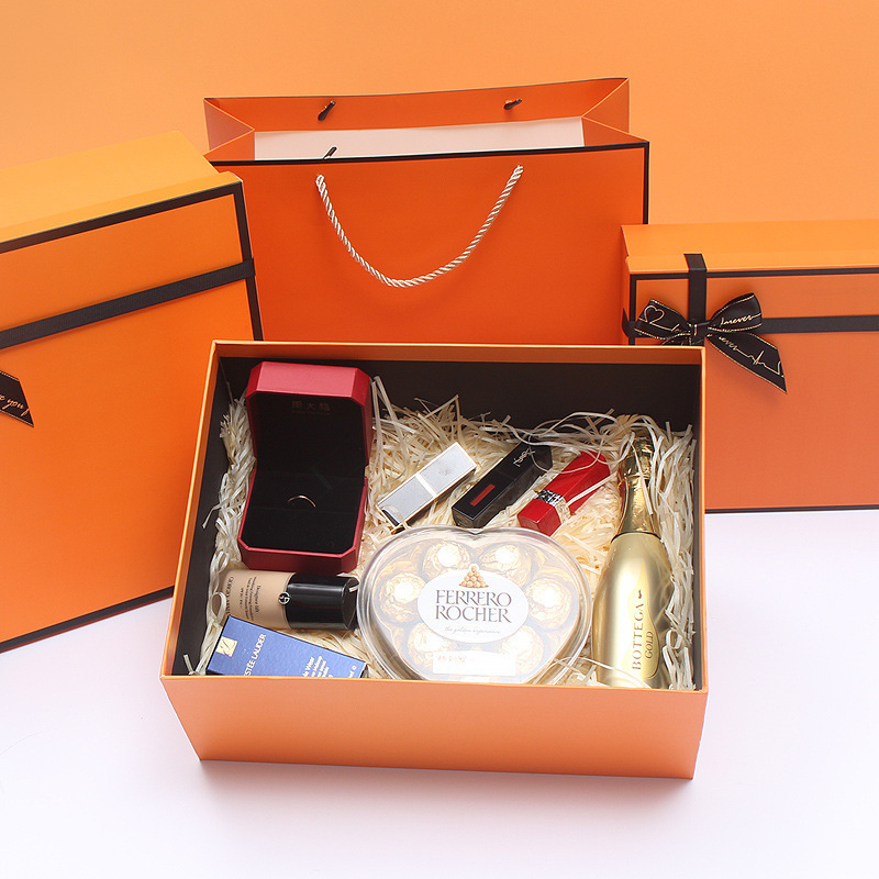 DLC016 5 to 14 inches Paper Box with ribbon Custom Printed Orange Cardboard Gift Box Packaging with Lid