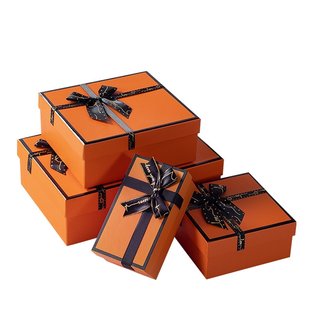 DLC016 5 to 14 inches Paper Box with ribbon Custom Printed Orange Cardboard Gift Box Packaging with Lid