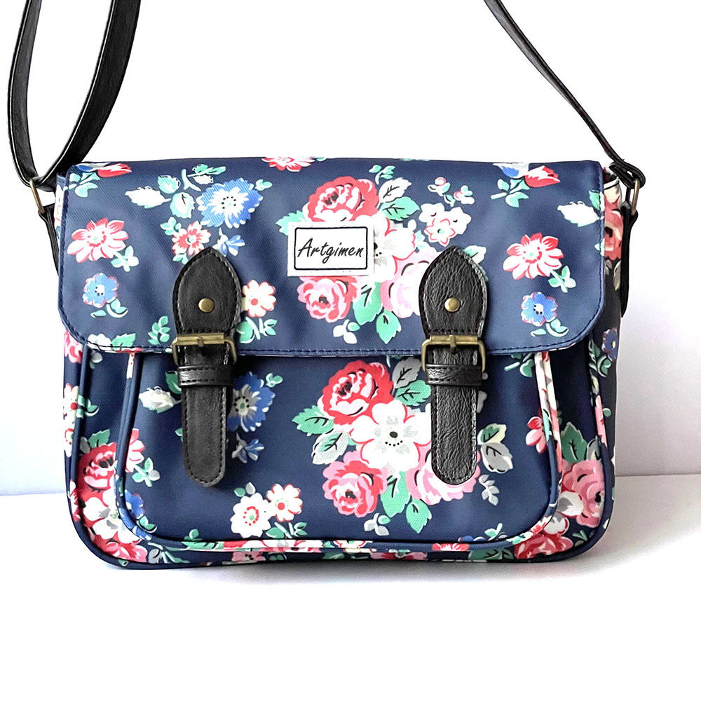 Fashion Waterproof Vintage Shoulder Bag Dark Blue Floral Oilcloth Satchel Girls Messenger Bag