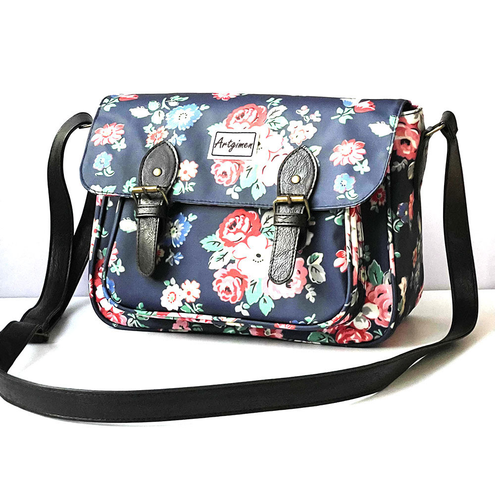 Fashion Waterproof Vintage Shoulder Bag Dark Blue Floral Oilcloth Satchel Girls Messenger Bag