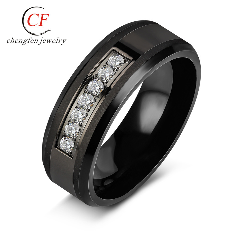 Chengfen Latest Designs Vacuum Plating 8mm Stainless Steel Natural Diamond Mens Tungsten Ring Big Black Cock Ring For Man