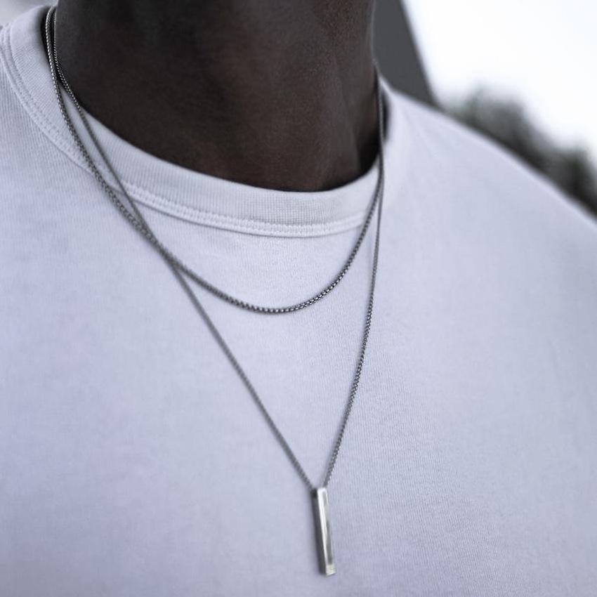 3D Vertical Bar Necklaces for Men Layering Stainless Steel Geometric Pendant Layered Wheat Rope Cuban Chain Boy Collar