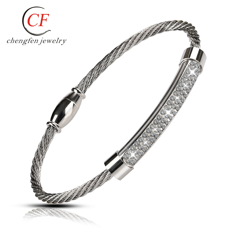 China stainless steel clay crystal bangle fashion design lucky charm cuff bracelets