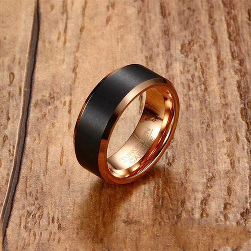 Mens Tungsten Carbide  Wedding Ring Two Tone Black Rose Gold Brushed Engagement Fashion  Wedding Ring